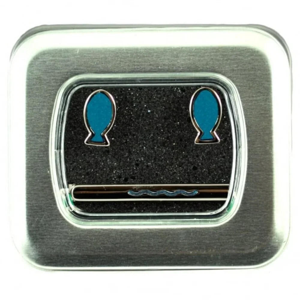 *3 FOR $9* NEW Brent Morgan Neckwear Religious Fish Wave Cufflinks Tie Clip Set